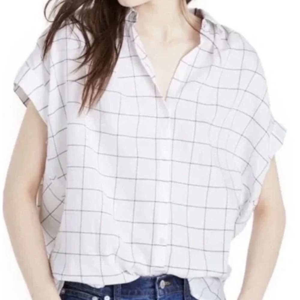 Madewell Black and White Checkered Grid Short Sleeve Button Up Top